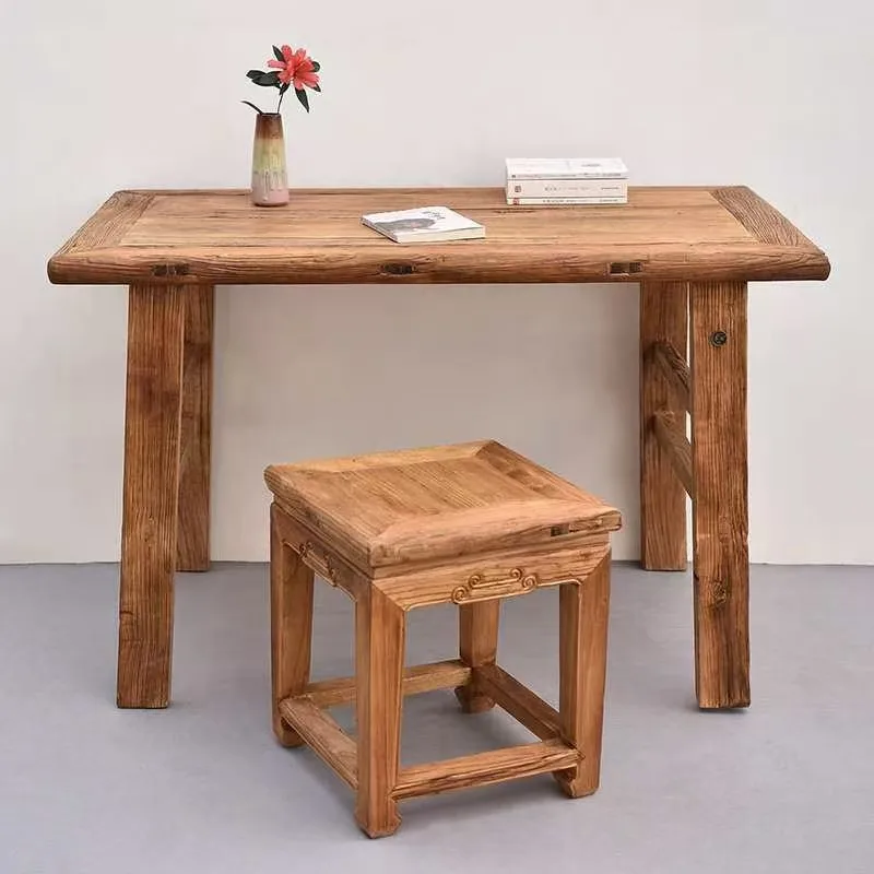 #Rustic wooden dining table, suitable for the elderly, made of old elm door panels, dining  and coffee , retro wooden weathered