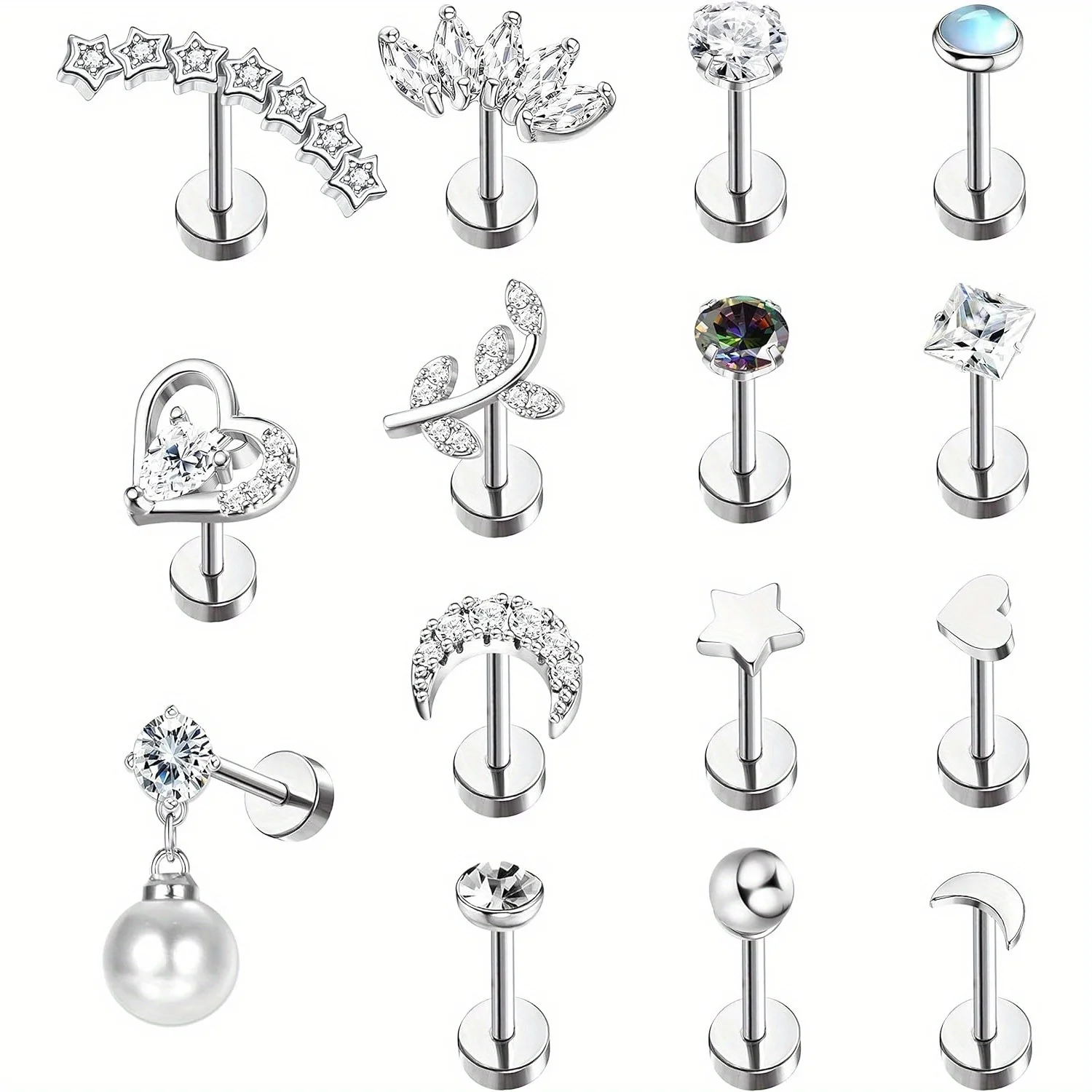 Drperfect-Boucles d'oreilles en acier inoxydable pour femme, clou de cartilage, opale, étoile, perle, clou de fleur, piercing d'oreille, bijoux