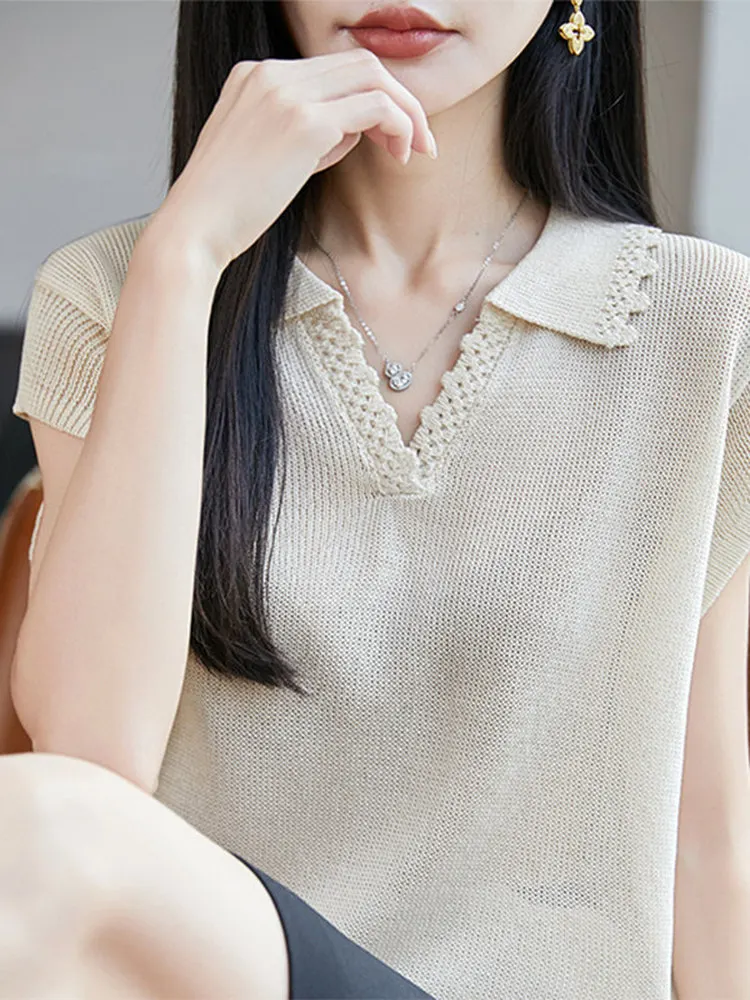 

Casual Style Collar Short Sleeve T-Shirt Women's Thin Knitted Lightweight Breathable Simple Top Casual Basic T-Shirt