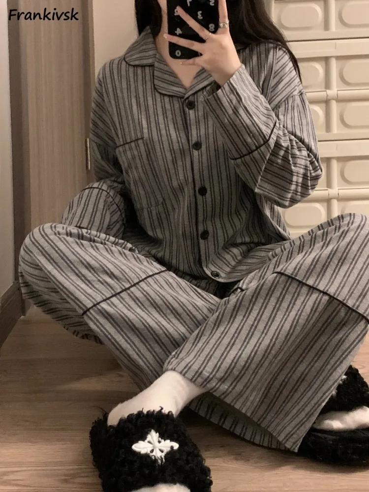 Striped Pajama Sets Women Spring American Style Schoolgirls Loungewear Home Baggy Classic Fashion Temperament Popular Advanced