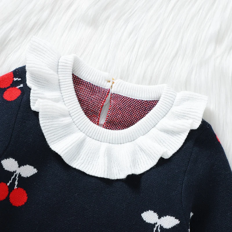 Baby Romper Knit Infant Girl Jumpsuit Fashion Turn-down Collar Cute Cherry Newborn Kid Clothes 0-18M Long Sleeve Autumn Overalls