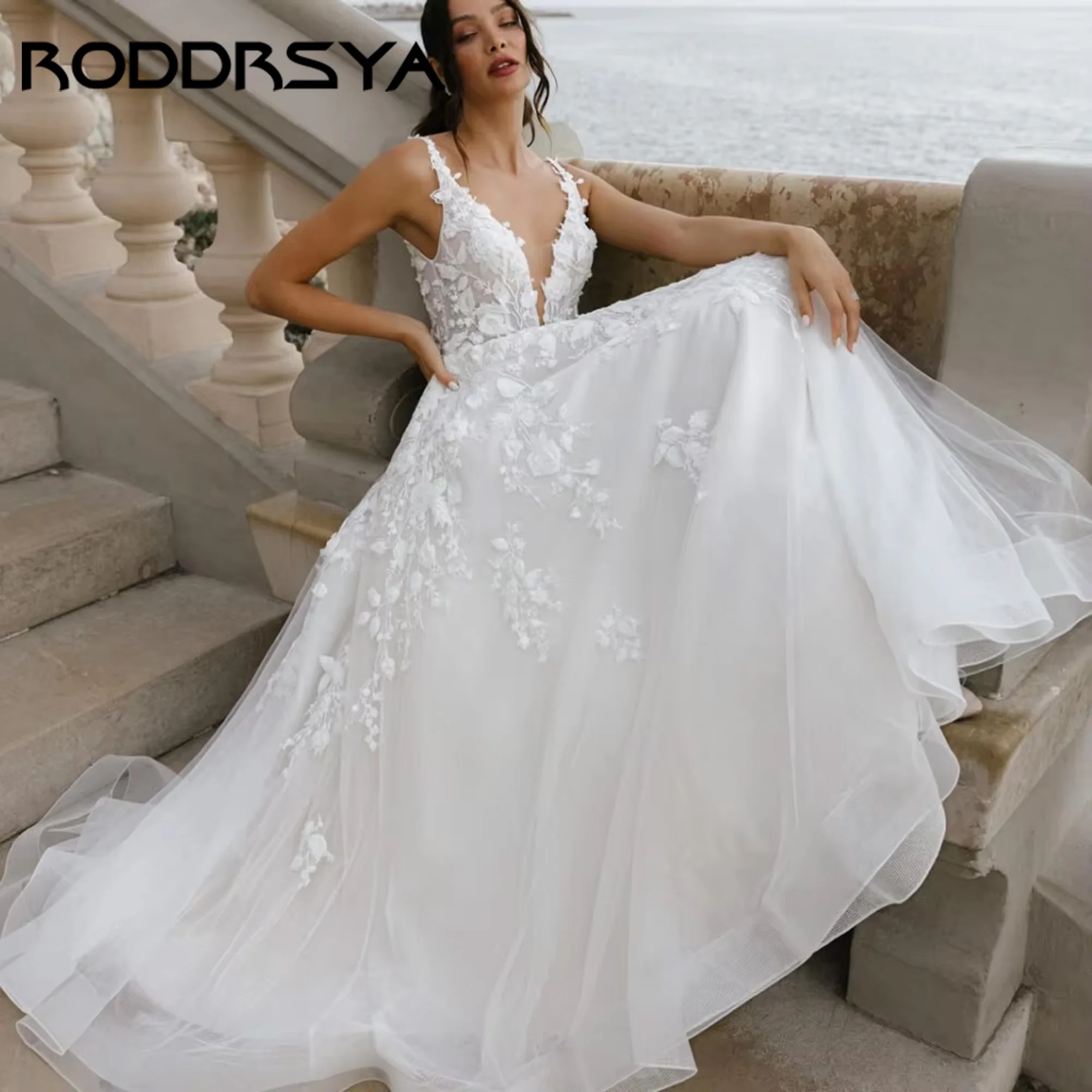 

RODDRSYA Boho A-Line V Neck Wedding Dresses Applique Lace Bride Dress Spaghetti Straps Bridal Gowns Vestidos De Novia Customized