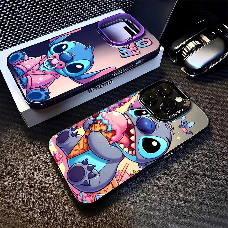 Cartoon Disney Leuke Stitch Case Voor Apple iPhone 15 11 16 13 14 Pro Max 12 15 Plus 11 Pro Matte Lens Bescherm Plating Telefoon Cover