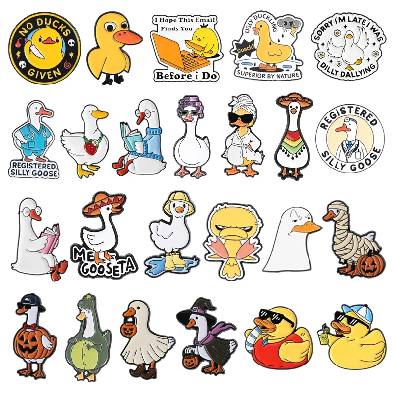 Registered Silly Goose Enamel Pins Curly Goose Bathrobe Sunglasses Goose Holiday Duckling Animal Brooch Lapel Badge Jewelry Gift