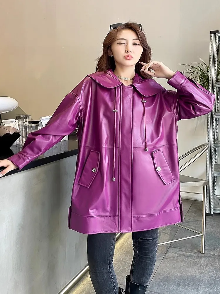 Spring Autumn New Genuine Leather Cargo Coat Women Hooded Mid Long Jacket Loose Fit Hip Hop Street Casual Sheepskin Windbreaker