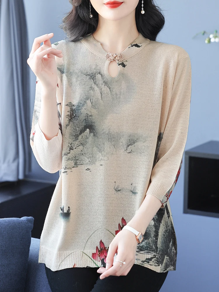 

Chinese Style Print Summer Knitted T Shirt Women Sweater Pullovers Clothes For Women Tees Top Half Sleeve Women's T-shirt