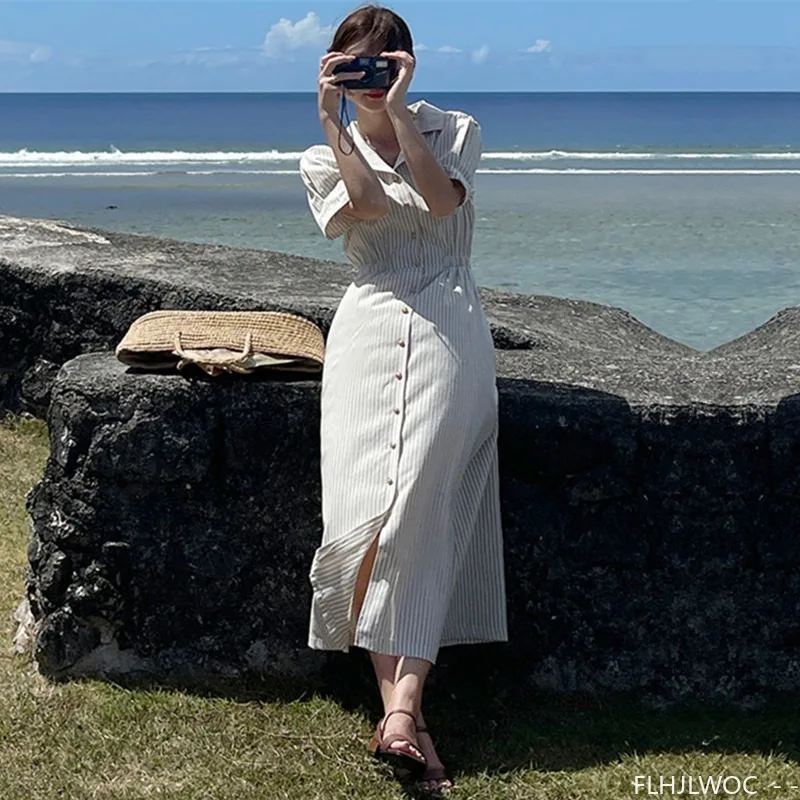 Baumwolle Leinen Feminine Vestidos Chic Korea Mode Kleidung Frauen Büro Dame Vintage Einreiher Taste Streifen Hemd Kleid