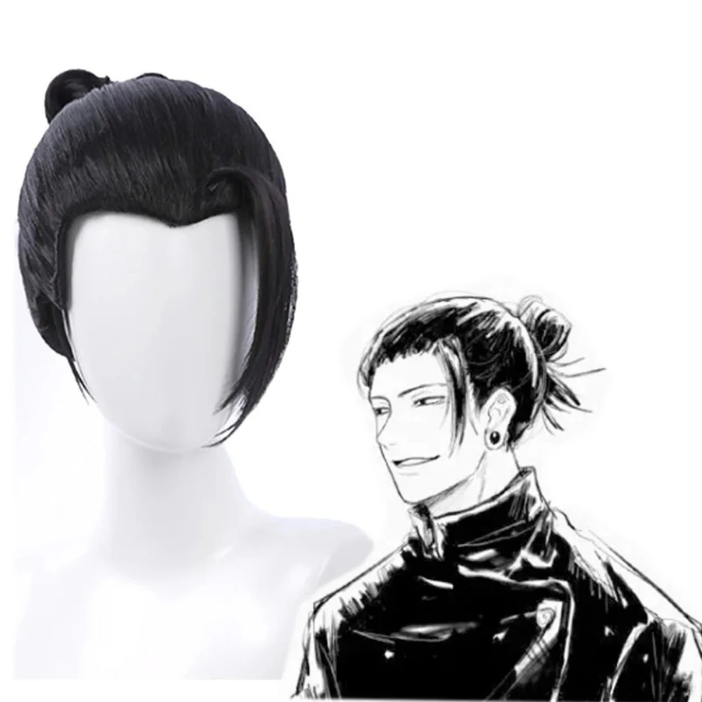 Anime Jujutsu Kaisen Geto Suguru Cosplay Synthetic Hair 12-Inch Black Bun Halloween Daily Party High-Quality ‌Wig Heat Resistant