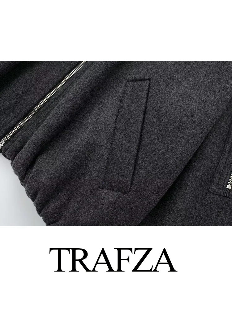 TRAFZA-Jaqueta Feminina com Zíper Manga Longa O-Pescoço, Casaco Piloto, Casual, Decoração de Bolso, Retro, Elástico, Outono, Y2K