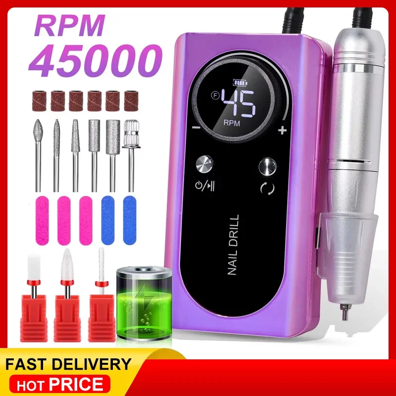 Kit de perceuse à ongles électrique Rechargeable, lime de ponceuse à ongles Portable, polissage des ongles en Gel, Salon de manucure, maison, 45000 tr/min