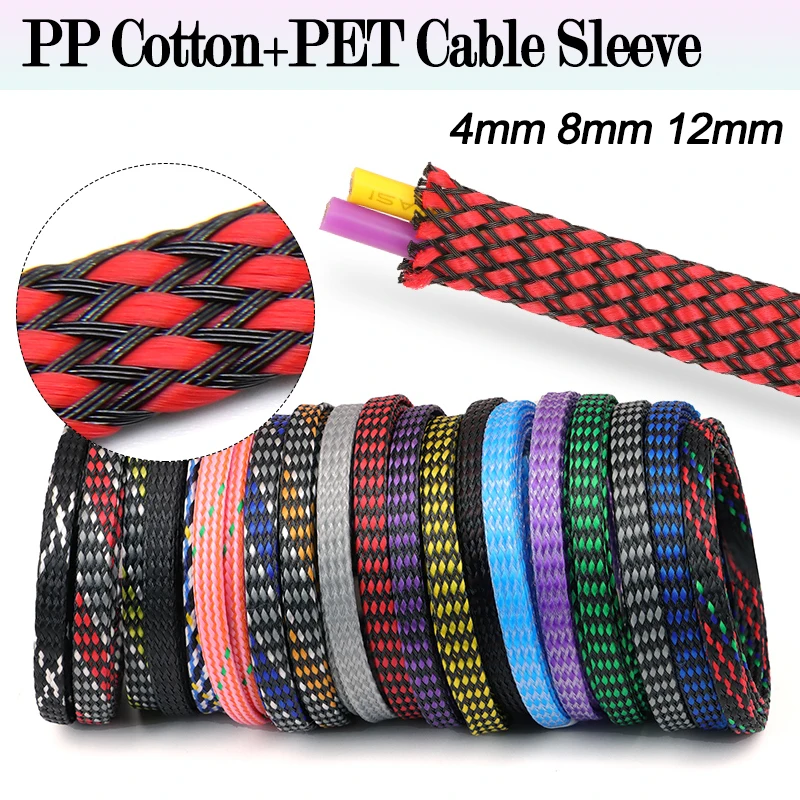 3/5M PP Cotton + PET Yarn Expanded Braided Sleeve 4mm 8mm 12mm Soft Wire Wrap Insulated Protection Cable Harness Line Sheath