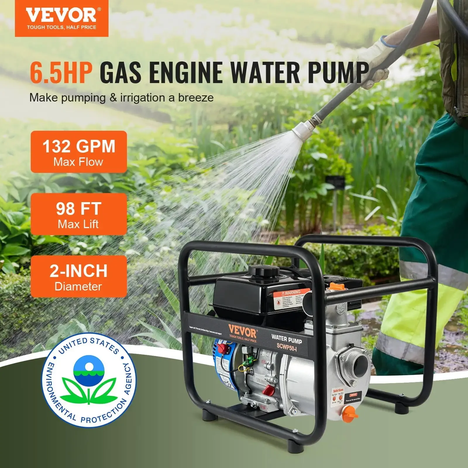 

Gasoline Engine Water Pump Gas Powered Transfer Pump 2 in 6.5HP 4-Stroke