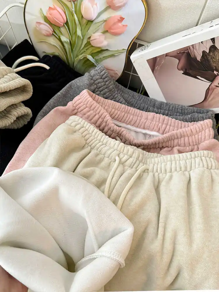 Solid Color Plush Thicken Leisure Trousers Women Winter New Drawstring Elastic Waist Wide Leg Pants Female Fleece Pant