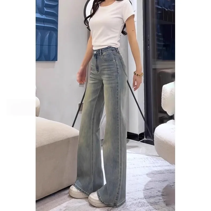 

Vintage Distressed Flared Jeans Women's High Waist Straight Leg Jeans Loose Fit Casual Style Comfortable Polyester Denim