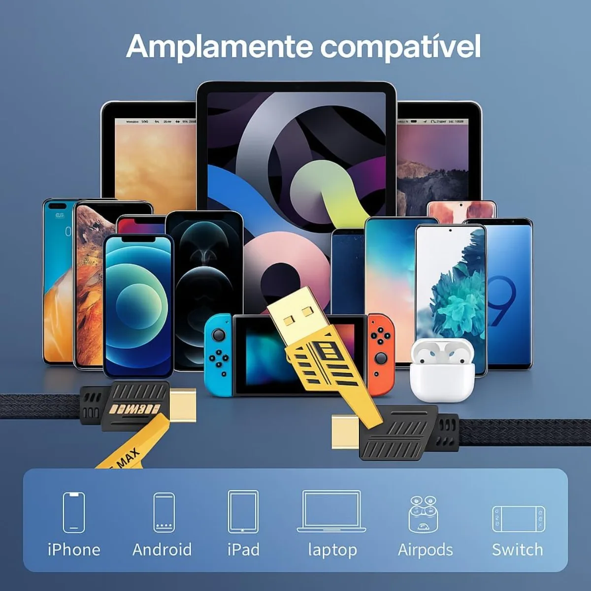 Cabo 4 em 1 Reforçado 65W Turbo com Conectores Lightning، Tipo-C e USB-A |   كاريجامنتو رابيدو |   متوافق مع آيفون وAndroid