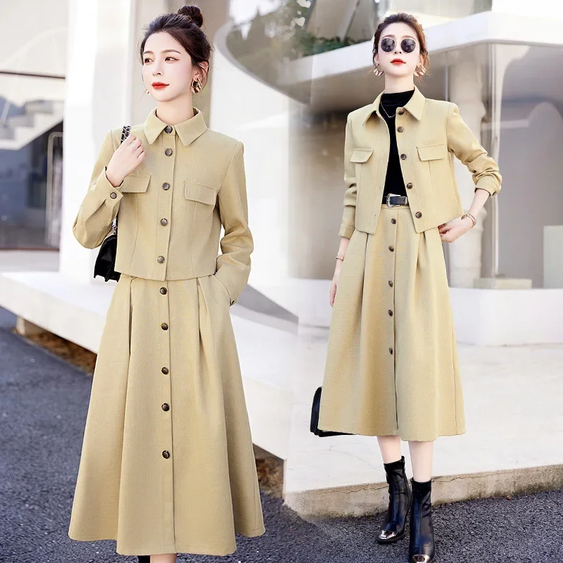 Short Jacket Skirts Two-piece Dress Sets Autumn Suit Women High-end Fashion Belt Elegant Women's Wear Matching Coats Office Lady