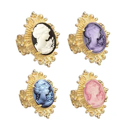 6 Colors Lady Queen Cameo Rings For Women Gold Color Flower Plant Pink Blue Cameo Ring Fashion Jewelry