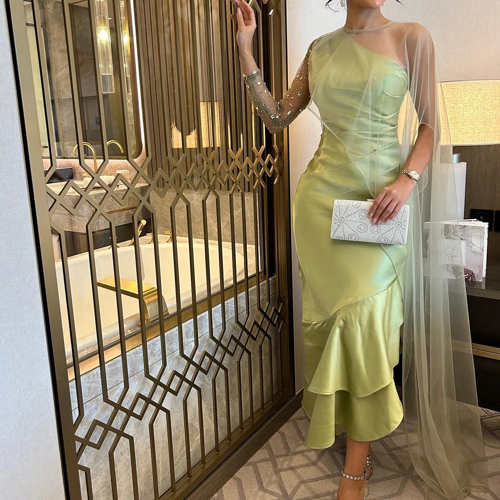 

Customized Exquisite Tea Length Pleats Crystal Ruffles Evening Dress Graceful One Shoulder Long Sleeves Watteau Train Party Gown