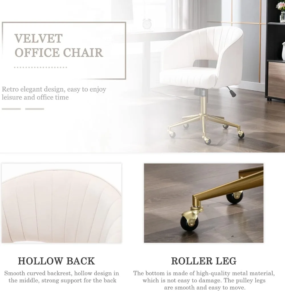 Velvet Home Office Chair, Modern Swivel Desk Chair with Gold Base, Round Solid Wheel, Adjustable Vanity Chair