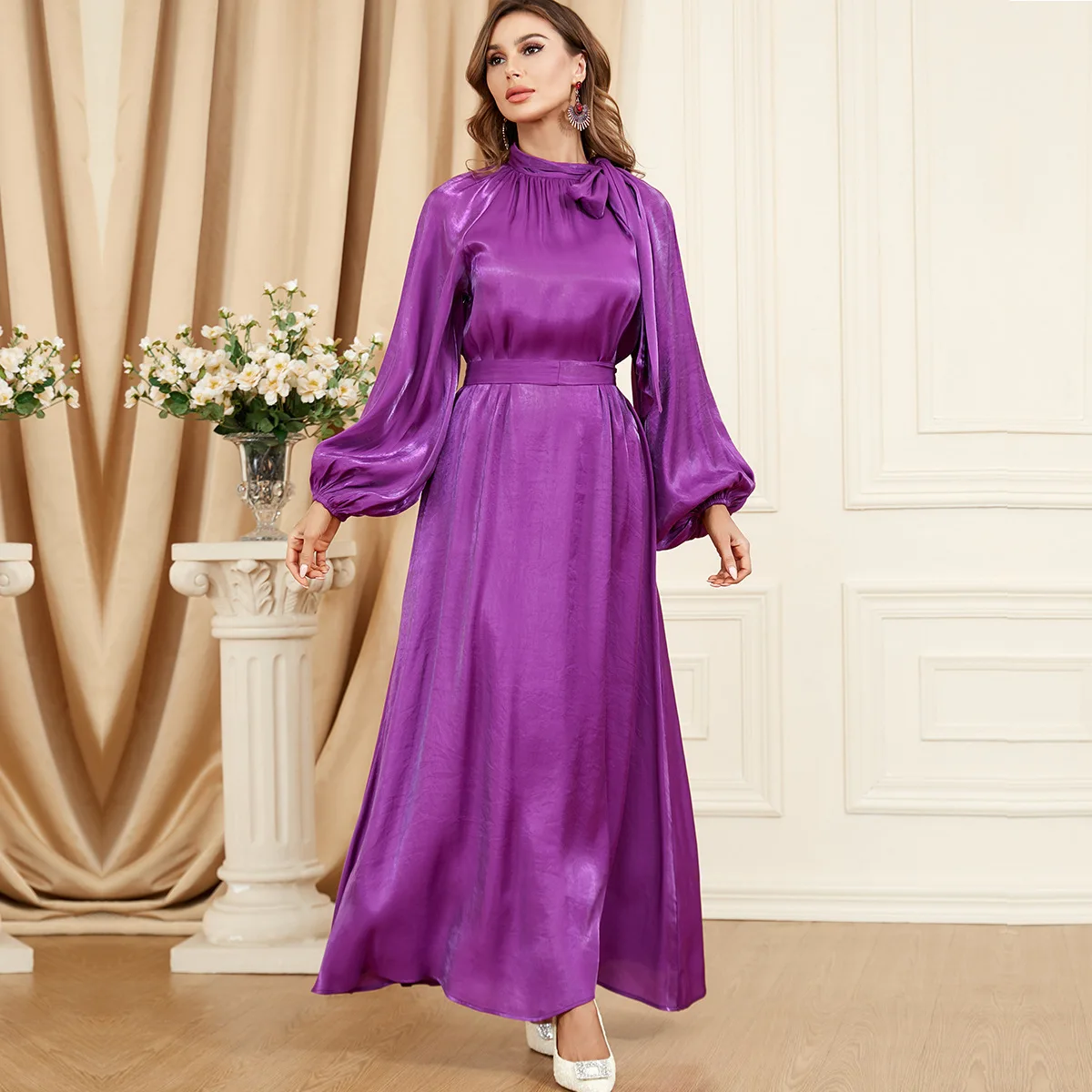 Modern Sle Long Sve Pure Color Belted Dr Arab Faion Women's Clothing A-Line Skirt Loose Waist Spring Summer