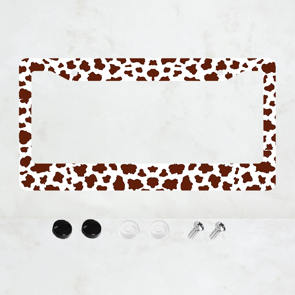 

Brown Cow Print 2-Hole License Plate Frame Aluminum 6x12 Inch with Screw Set Retro Novelty Car Decor US Standard Size