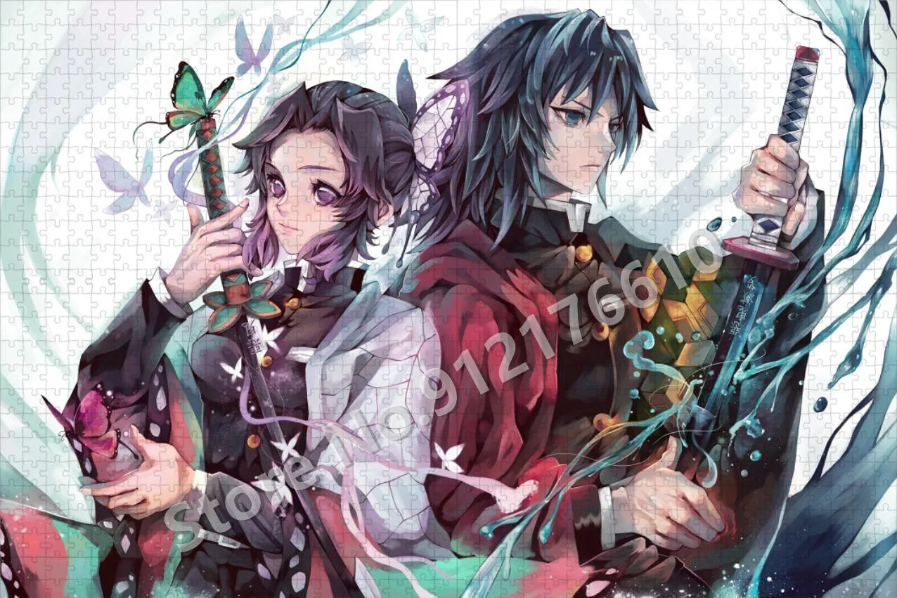 Demon Slayer Jigsaw Puzzles 300/500/1000 Pieces Bandai Anime Wooden Puzzle for Adults Kids Intellectual Family Game Toys Gifts