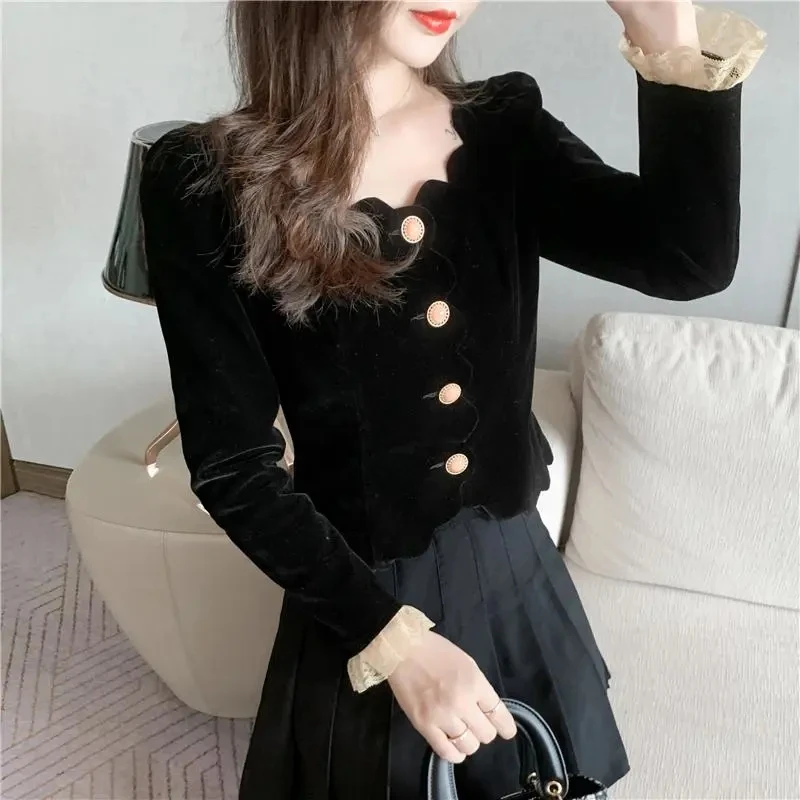 Vintage Korean Sexy Cropped Coat Women Fall Slim Black Velvet Thick Jacket Casual Office Lady Lace Long Sleeve O Neck Outwear