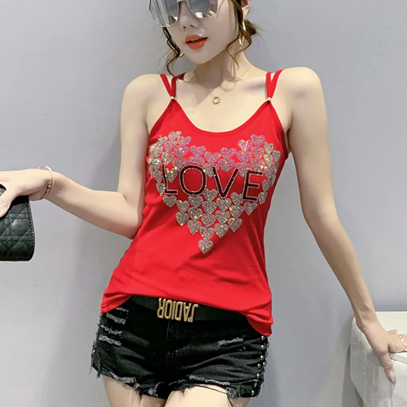 Summer Women's Strap Vest Diamond Embellied Slim Fit Base Layer Tank Top Outerwear Suit Underwear Svel Faionable