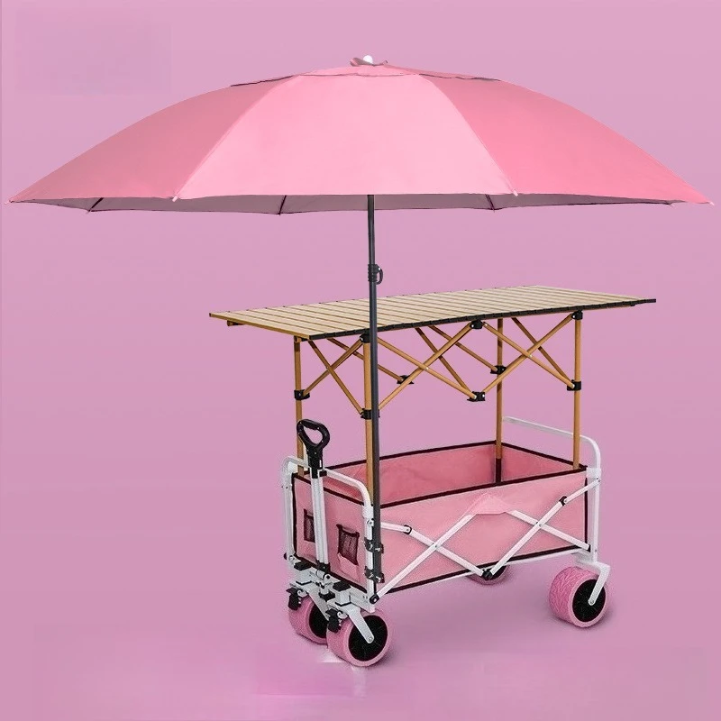 Pink Foldable Camping Wagon Cart with Table & Umbrella, Portable Outdoor Vendor Trolley for Picnic & Vending