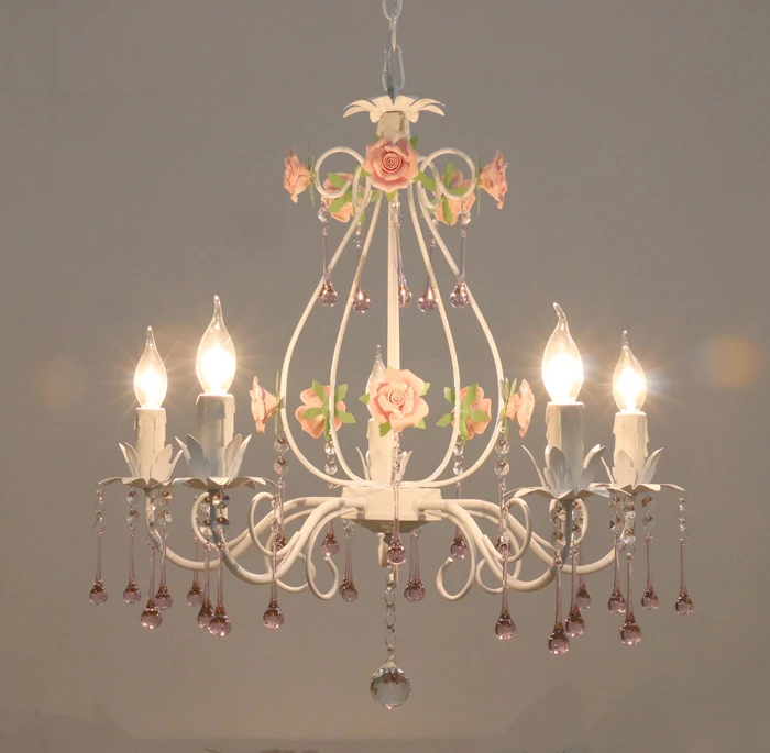 

Bedroom chandelier wrought iron flower crystal lamp European living room lamp dining room lamp warm rose chandelier