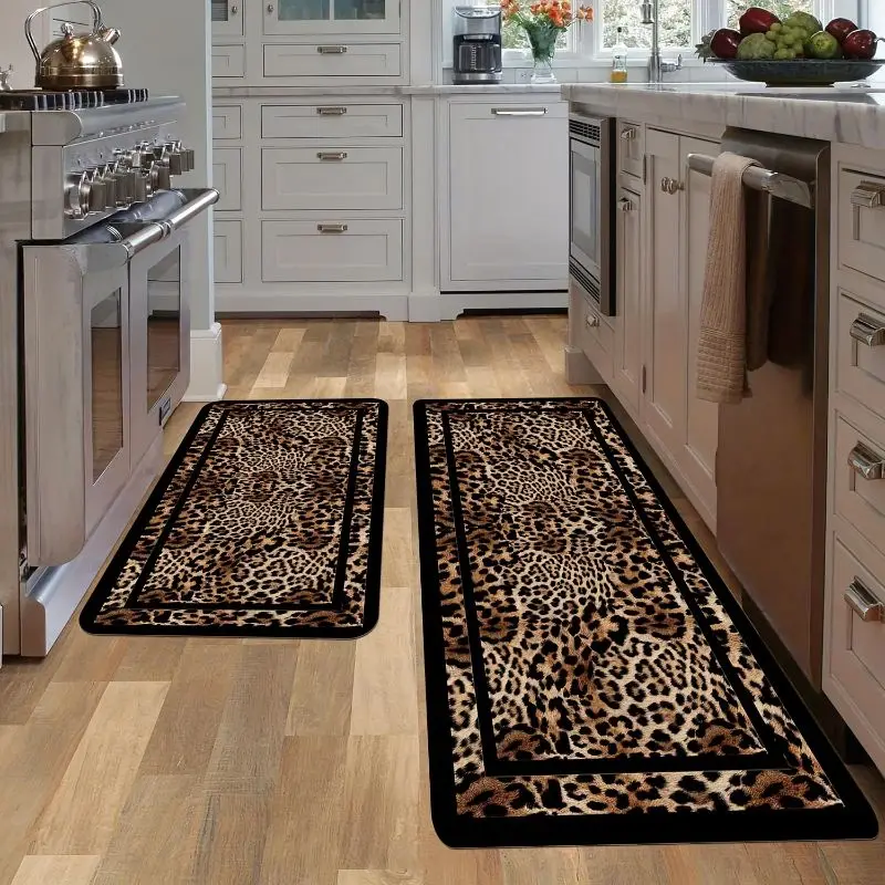 VIKAMA Leopard Print Carpet, Aesthetic Bedroom Kitchen Rug, Absorbent Non-Slip Foot Mat Vintage Home Decoration Indoor Floor Mat