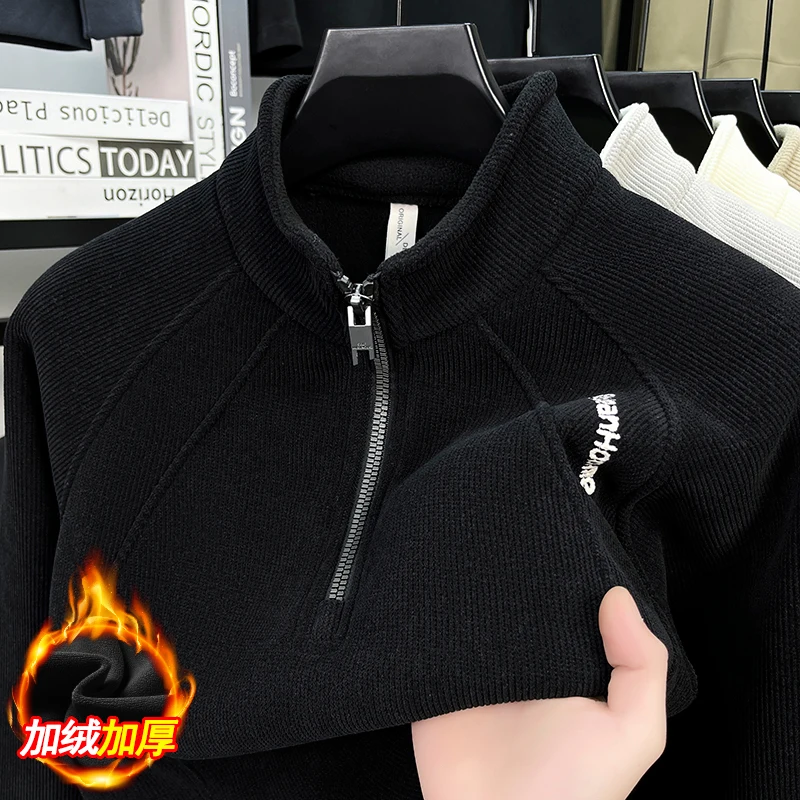 

Polar Fleece Men's Half Zip Hoodie with Thick Fleece for Warmth, Stand Up Collar Top, Winter Casual Loose Bottom Shirt, Trendy