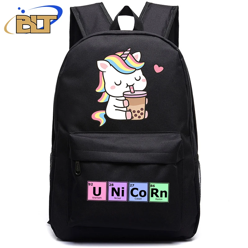 Mochila negra con estampado de unicornio para niños, bolsa escolar para estudiantes, regalo de regreso a la escuela