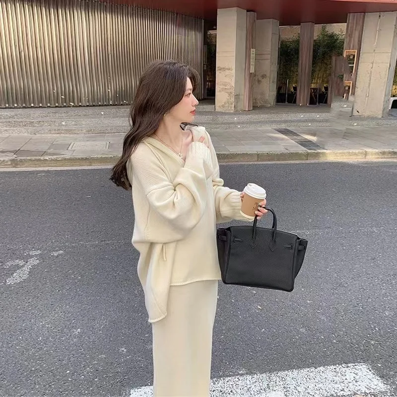 Autumn korean style clothes Knitted suit with skirt clothing women trends 2023 two piece skirt long set 2 piece outfit  Hooded