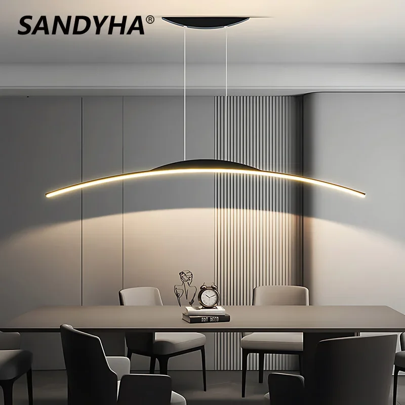 Lámpara de suspensión curvada de diseño moderno, candelabro de luz LED, iluminación de mesa de comedor, accesorio colgante largo Deco