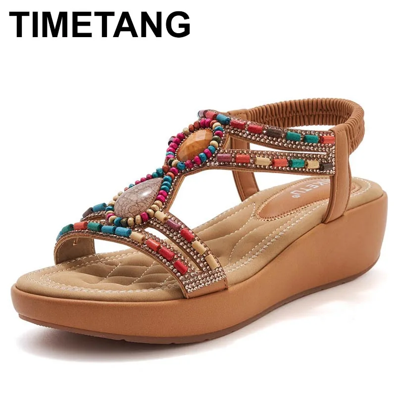 

Bohemian Wedge Sandals Women Rhinestone String Beads T-Strap Colorful Elastic Band Beach Shoes Vacation Slingback Platform Shoes
