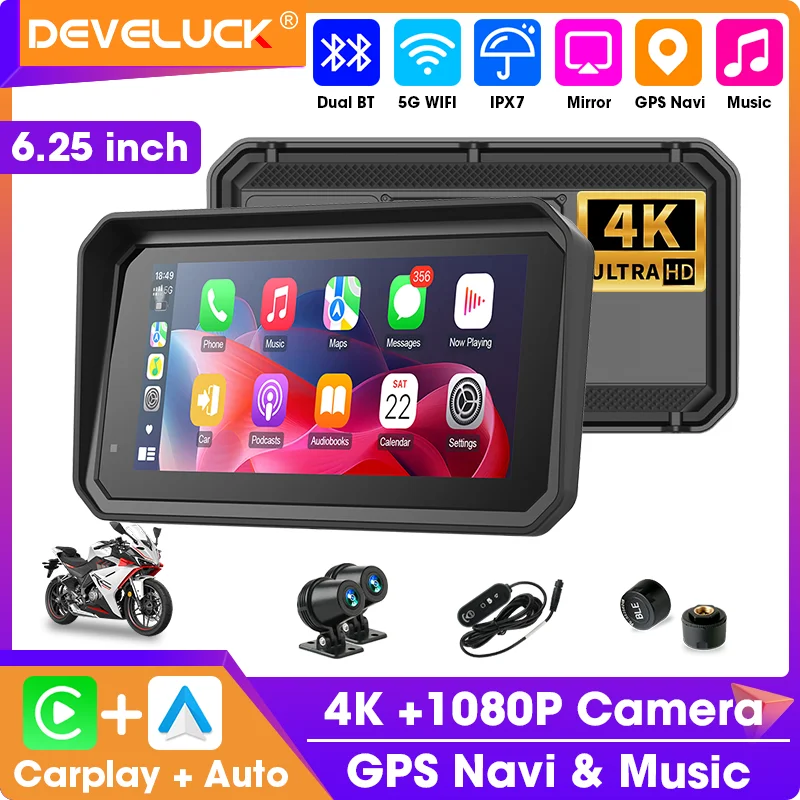 

Develuck 6,25 ''Carplay мотоциклетный видеорегистратор навигационный GPS Android Auto IP67 водонепроницаемый монитор двойной Bluetooth аксессуары для мотоциклов