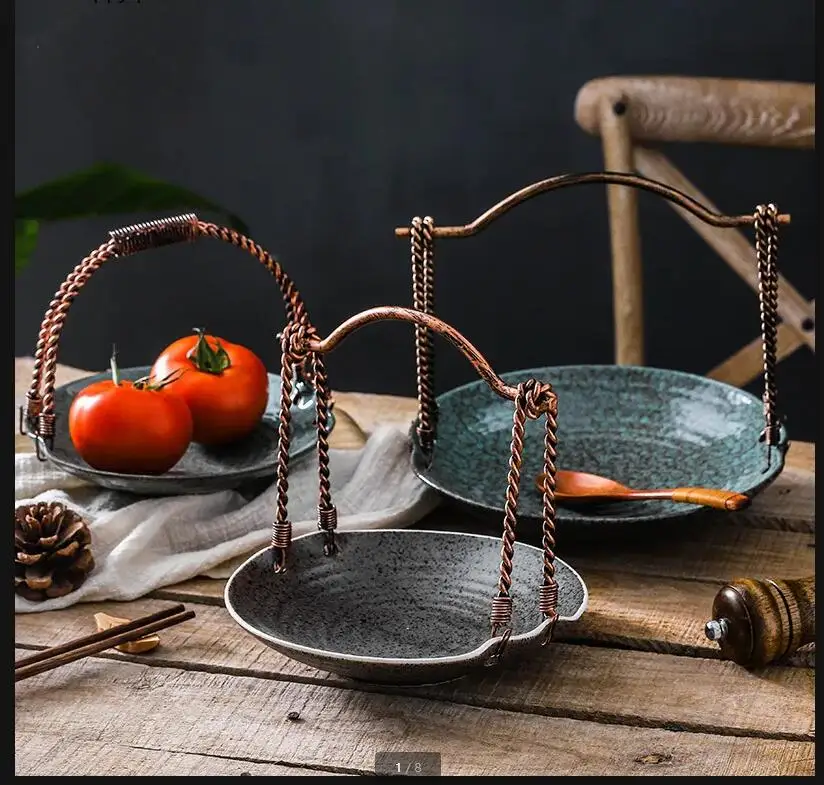 

Керамическая обеденная тарелка с железной художественной ручкой, круглая декоративная домашняя посуда, корзина с фруктами, набор блюд для суши, тарелки и посуда