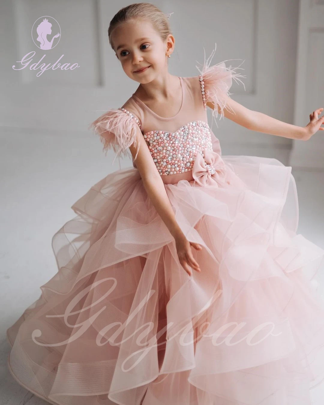 

Pink Flower Girl Dress For Wedding Puffy Tulle With Bow Ruffles Feather Pearls First Communion Princess Baby Birthday Ball Gown