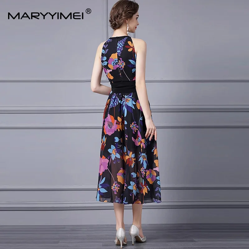 MARYYIMEI Vestido de moda con cuello halter y estampado floral, cintura alta, con cordones, vestido de fiesta sexy delgado