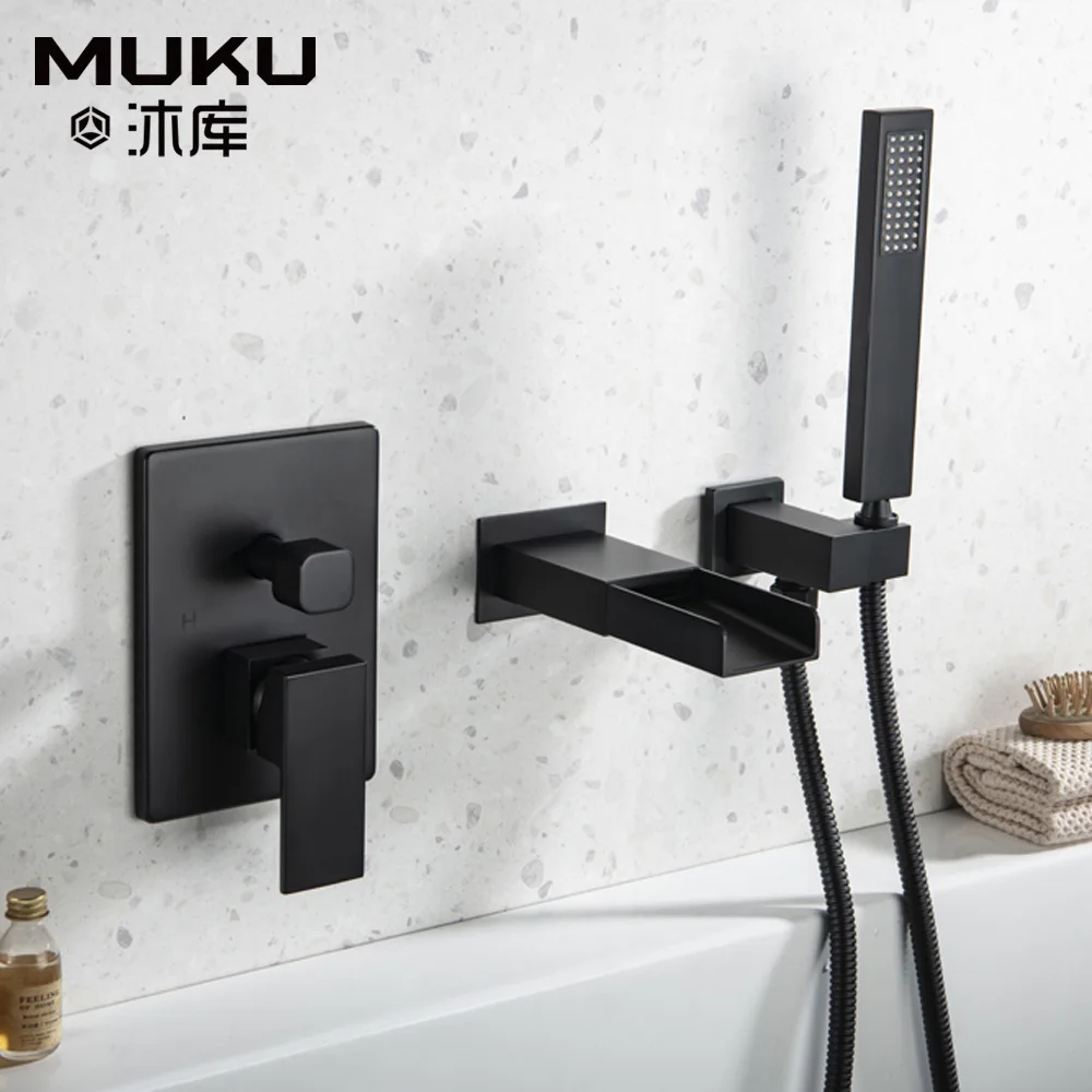 

Nordic Black Waterfall Bathtub Faucet Wall Mounted Concealed Hot and Cold Water Tub Mixer Embedded Bath Tub Faucet Shower Head