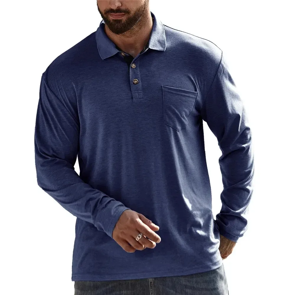 

Men Casual Solid Color Polo T-shirts Quick Dry Lightweight Long Sleeve Tops Breathable Business Shirts Classic Button Basic Tees