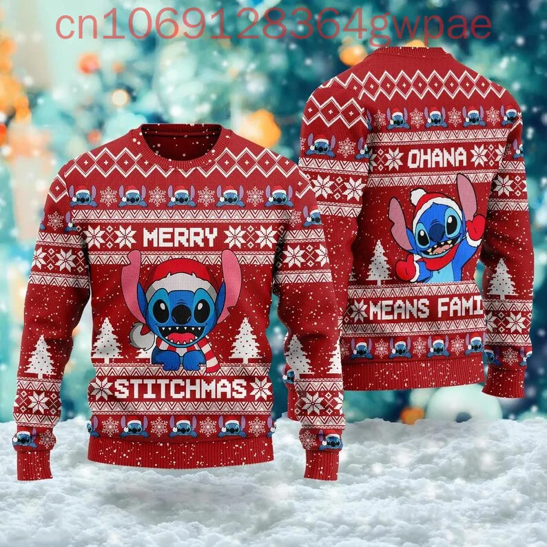 Disney Stitch Christmas Ugly Men and Women Sweater Personalized Santa Hat Cartoon Xmas Sweatshirt Magic Kingdom Merry Christmas