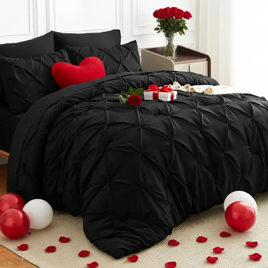 

Queen Comforter Set 7 Pieces Bed in A Bag Black Luxury Soft Queen Size Bed Set Pintuck Pinch Pleat Bedding Sets with Comforter,