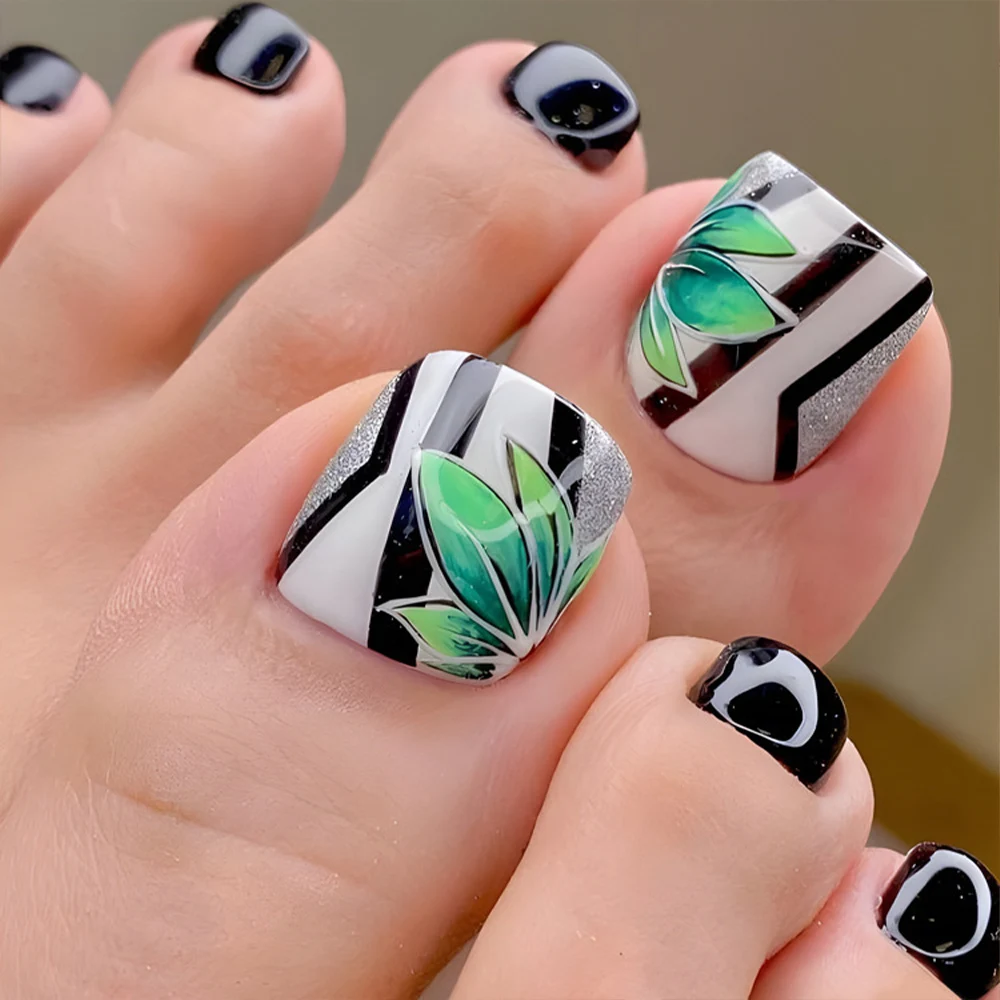 24 Uds. De uñas postizas de diseño francés para uñas postizas de verano, uñas postizas acrílicas reutilizables para uñas decoradas con Kit de