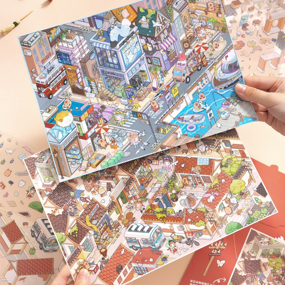 Card Lover 5 Pcs [Street View Series] Cottage Children's Hand Account Puzzle Large Size Landscape Stickers PET Material Kit