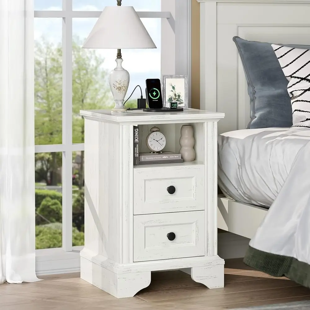 

19.7" W Night Stand Set 2 White Nightstand with Charging Station, Wood Nightstands for Bedroom, Bedside Table, End Table with C