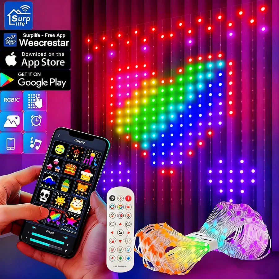 

RGB Smart Curtain Lights with Bluetooth App LED String RGB Fairy Lights for for Window Bedroom Decoration Valentine Day/Birthday