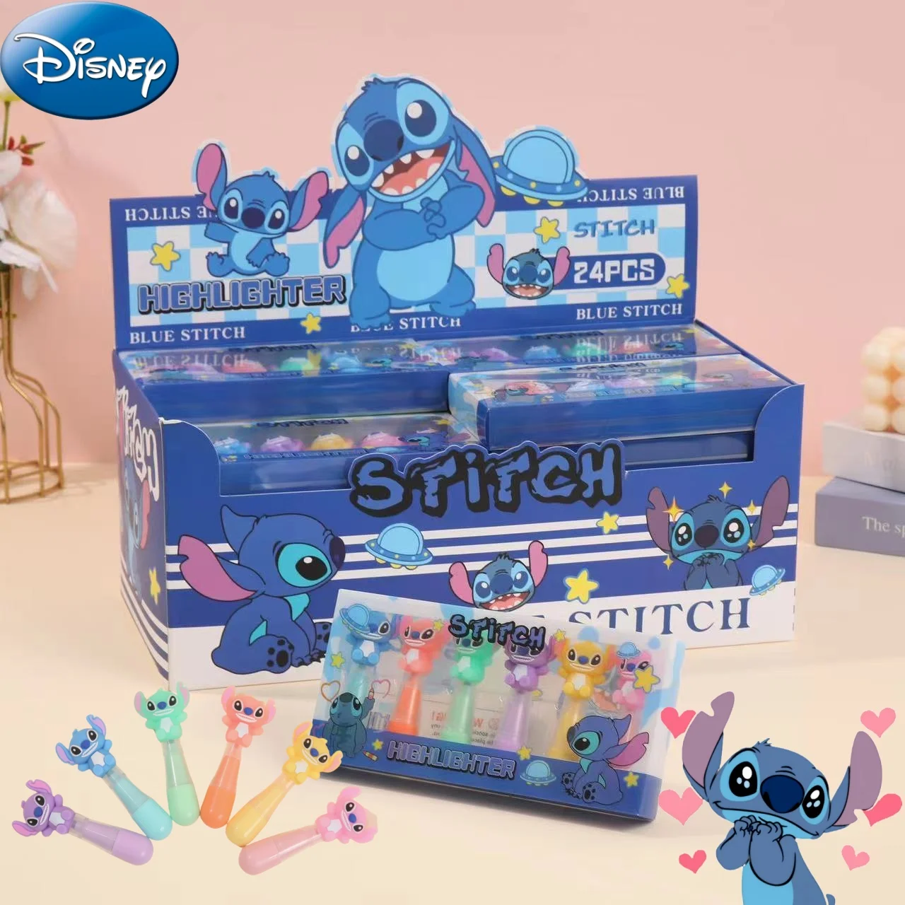 4/6/8pcs Disney Stitch Figure Highlighter Pen 6-color Mini Cartoon Single Inclined Student Stationery Hand Account Birthday Gift