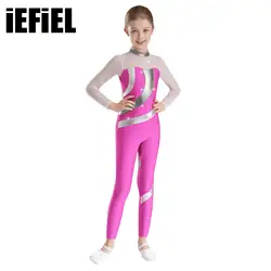 Kids Girls Figure Skating Leotard Metallic Jumpsuit Shiny Rhinestones Long Sleeve Full Length Bodysuit for Gymnastics Dance